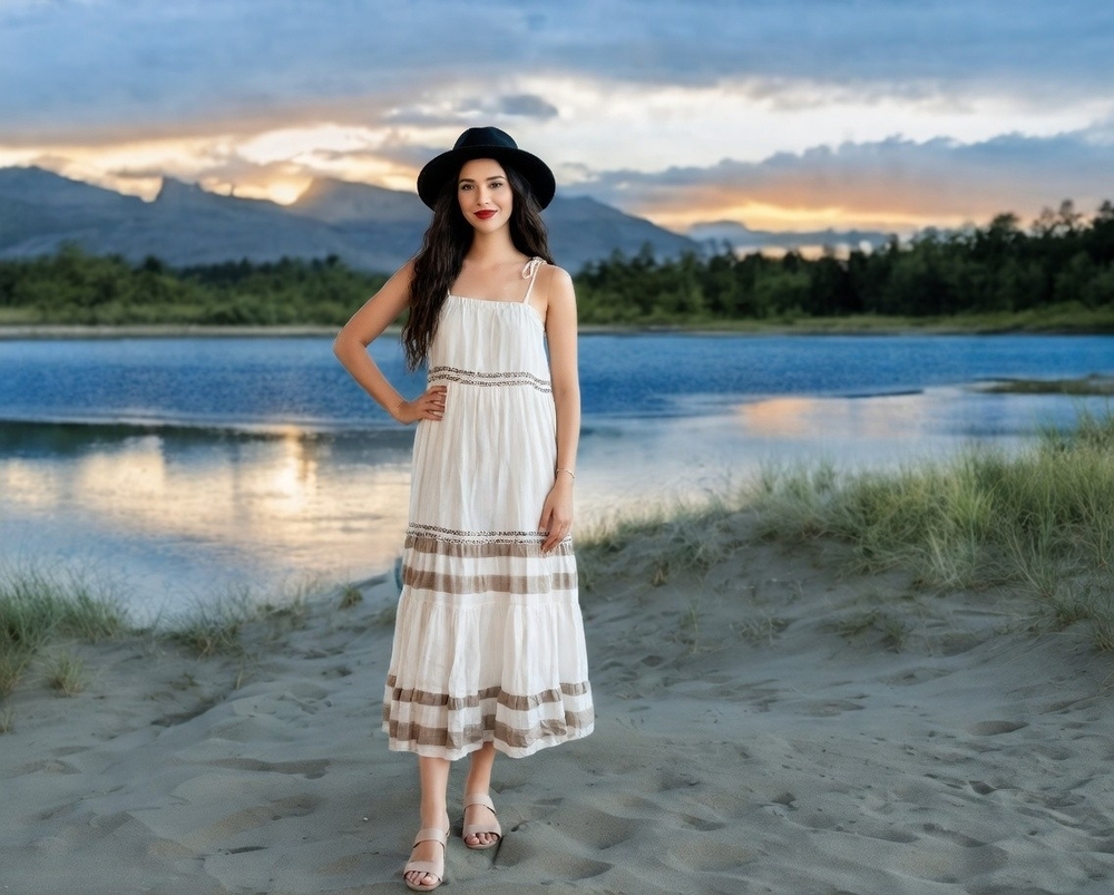 Rip Curl Vista Maxi Dress M White Grey Metallic Layered Cotton Spaghetti NWT - Picture 3 of 13